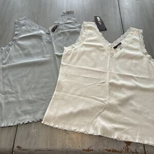 Victor Alfaro White Blue Lace Trim Ribbed Tank Top Set of 2 Sz 2X 1X